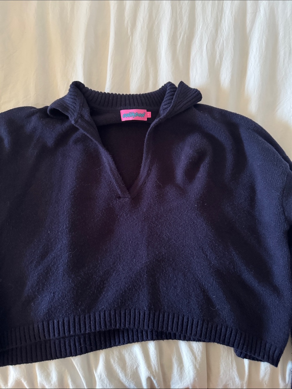 Rare Editions Navy V-Neck Collared Cropped Sweater